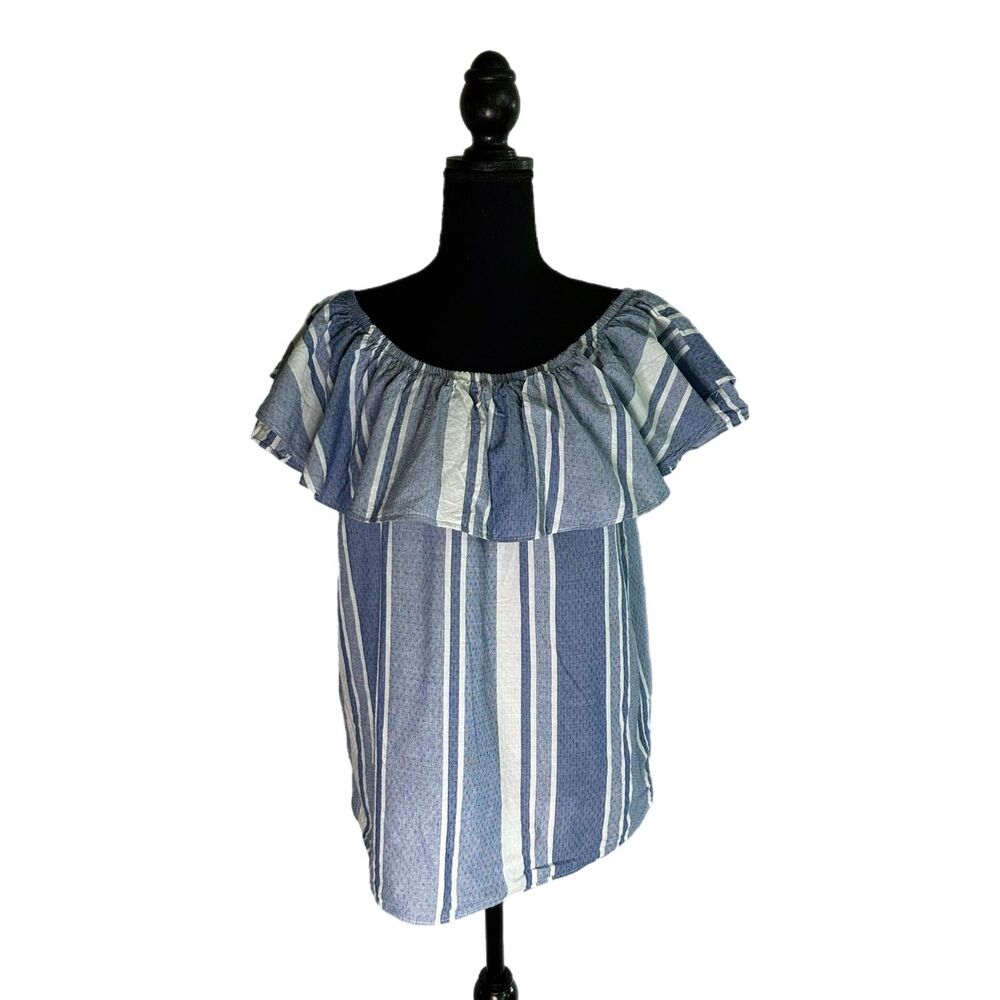 Ivanka Trump Blue and White Striped Off-Shoulder Top, Large